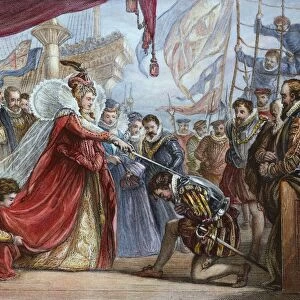 ELIZABETH I / FRANCIS DRAKE. Queen Elizabeth I knighting Francis Drake on the deck of the Golden Hind in Deptford in April 1581: colored engraving, 19th century