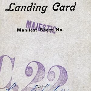 ELLIS ISLAND LANDING CARD. Front of a landing card issued to an immigrant arriving