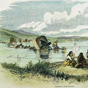 EMIGRANTS IN NEBRASKA, 1859. Dog Belly, chief of the Oglala Sioux, and some of his braves smoking the peace pipe while emigrants cross the South Fork of the Platte River in Nebraska on their way west. Wood engraving, 1859, after a drawing by Albert Bierstadt, seen sketching at far right