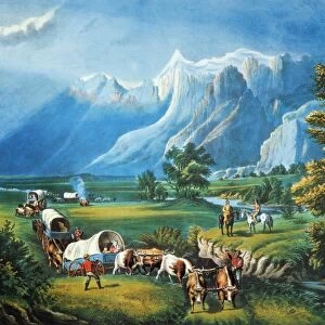 EMIGRANTS TO WEST, 1866. The Rocky Mountains- Emigrants Crossing the Plains. Lithograph, 1866, by Currier & Ives