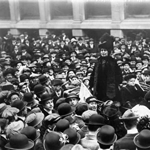 EMMELINE PANKHURST (1858-1928). English suffragist. Speaking at rally for women-suffrage in Wall Street, c1911