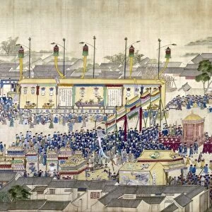 Emperor of China, 1661-1722. K ang Hsi entering Peking on the occasion of his 60th birthday. Center detail of a painted silk scroll, early 18th century