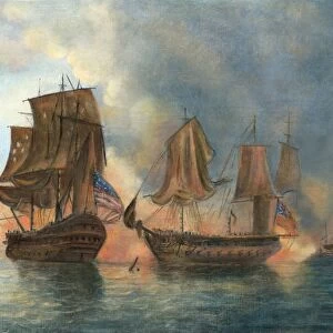 The engagement between USS Bonhomme Richard and HMS Serapis off Flamborough Head, 23 September 1779. After a painting, 1789, by William Elliott