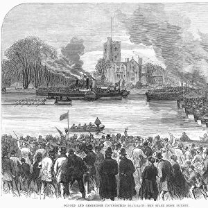 ENGLAND: BOAT RACE, 1869. The start, at Putney, of the yearly Oxford and Cambridge Universities boat race on the Thames River. Wood engraving, English, 1869
