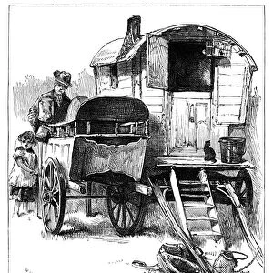 ENGLAND: GYPSY CAMP, 1880. A knife-grinder at a gypsy encampment at Hackney Wick, London, England