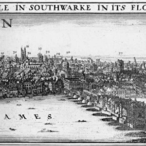 ENGLAND: LONDON, c1650. Detail from Wenceslaus Hollars view of London before the Great Fire of 1666, showing London Bridge spanning the Thames River and the Tower of London on the right