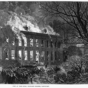 ENGLAND: MILITARY COLLEGE. Fire at the Royal Military College at Sandhurst in Berkshire, England, 1868. Wood engraving, English, 1868