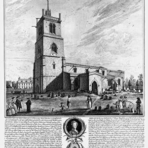 ENGLAND: NORTHAMPTONSHIRE. The southwest view of the parish church of Ecton in Northamptonshire, England, hometown of Josiah Franklin, father of Benjamin Franklin. Line engraving, mid 18th century