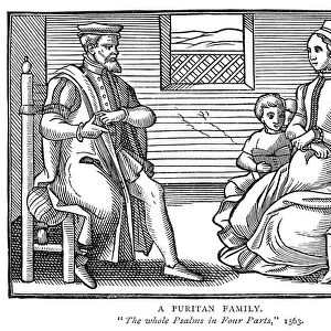 ENGLAND: PURITANS, 1563. A puritan family in England. Engraving after a woodcut, 1563