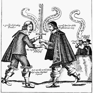 ENGLAND: PURITANS, 1647. A religious dissenter (Puritan) and a Presbyterian agree to lay aside the sword. Broadside engraving, 1647