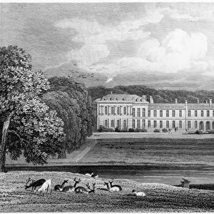 ENGLAND: STATELY HOME. Petworth House, West Sussex, with grounds landscaped by Lancelot Capability Brown. Wood engraving, 19th century