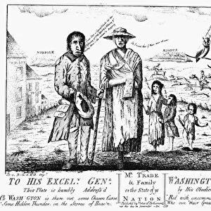 An English cartoon from 1779 critical of King George III, who goes hunting while towns in America are burning, houses in London, England, stand empty and Mr. Trade and his family have been reduced to begging