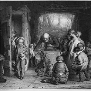 ENGLISH ELEMENTARY SCHOOL. The Last In. Steel engraving, English, mid-19th century, after the painting by William Mulready (1786-1863)