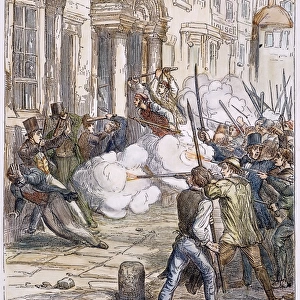 ENGLISH RIOT, 1839. The Chartist riot at Newport, England, 4 November 1839: wood engraving, English, 19th century