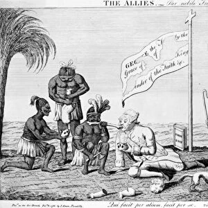 English satirical engraving, 1780, attacking King George III, center, sharing a cannibal feast with an Indian chief, for using Indian allies against the Americans