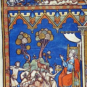 ESAU. Esaus offering of meat (Genesis 27: 30-35). French manuscript illumination
