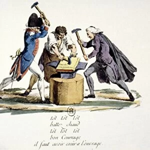 ESTATES GENERAL, 1789. The Estates General forging a new constitution: French cartoon