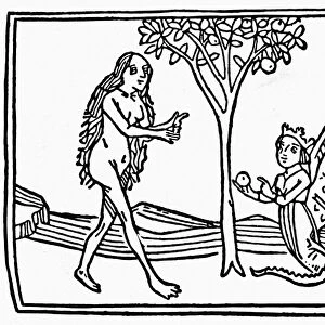 EVE AND LILITH. Lilith tempting eve with an apple in the Garden of Eden. Woodcut