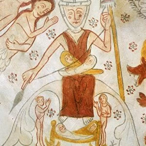 EVE SPINNING, c1350. Eve spinning with a distaff, with two children in her lap
