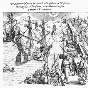 EXPLORATORY VOYAGE, 1592. The departure of an exploratory voyage to the New World from Lisbon, Spain. Line engraving, 1592