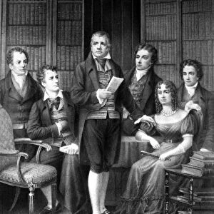 FAMOUS WRITERS. Fictitious group portrait of famous British writers. From left: Thomas Moore, Lord Byron, Sir Walter Scott, Robert Southey, Felicia Hemans, and Percy Bysshe Shelly. Lithograph, 19th century