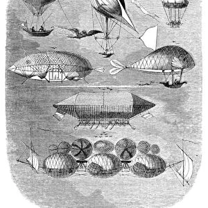 Fanciful airships and flying machines. Wood engraving, American, 1856