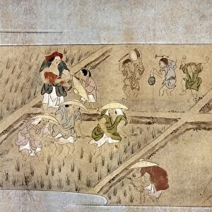 Farmers digging up the paddies before seeding the rice. Japanese scroll painting, late-16th century