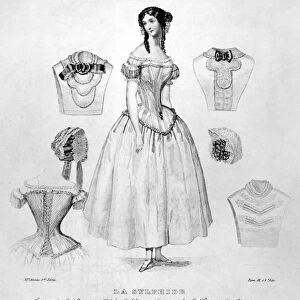 FASHION: CORSET, c1850. Advertisement for corsets and undergarments as worn by performers in the ballet La Sylphide. Steel engraving, French, c1850