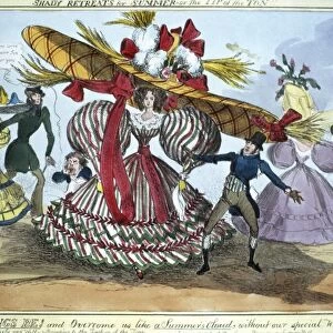 FASHION: HATS, 1827. Shady Retreats for Summer. English satirical etching, 1827