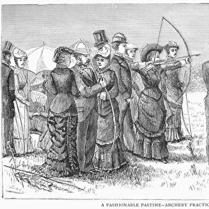 A fashionable pastime: archery practice. Wood engraving, American, 19th century