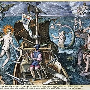 FERDINAND MAGELLAN navigating through the strait that now bears his name in 1520: colored line engraving, c1585