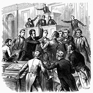FIGHT IN CONGRESS, 1851. A Row in Congress. Congressmen Albert G. Brown and John A. Wilcox of Mississippi come to blows over differing views on the extent of sympathy for secession in their state, March 1851. Wood engraving, American, 1886