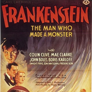 FILM: FRANKENSTEIN, 1931. Poster for the 1931 film, Frankenstein, starring Boris Karloff as the monster and Colin Clive in the title role as Dr Frankenstein