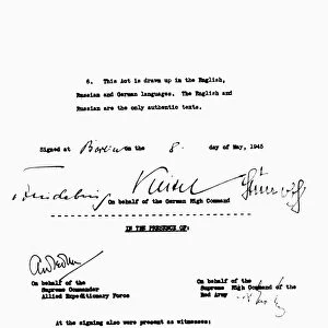 Third and final page of the English version of the formal instrument of Germanys surrender at the end of World War II, signed at Berlin on 8 May 1945, ratifying the terms agreed to the previous day at Rheims, France