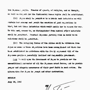 Third and final page of President Harry S. Trumans copy of the proclamation issued at the Potsdam Conference, 26 July 1945, demanding Japans unconditional surrender to the Allies, bearing Trumans signature and those (in Trumans handwriting) of British Prime Minister Winston Churchill and Chinese President Chiang Kai Shek