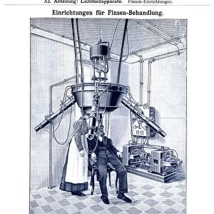 Finsen apparatus for the treatment of skin diseases by exposure to light. German medical supply catalogue, c1905