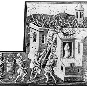 FIREFIGHTING, 1400s. Saving an image of the Virgin from a church on fire