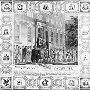 The First Announcement of the Great Declaration (of Independence). John Nixon making the first public reading of the Declaration of Independence in the States House Yard, Philadelphia, Pennsylvania, on 8 July 1776. Wood engraving, American, 1860