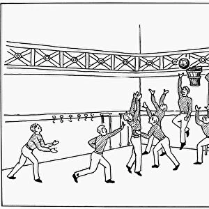 The First Game of Basketball. Drawing, c1892