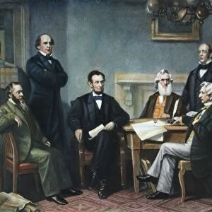 The first reading of the Emancipation Proclamation before Abraham Lincolns cabinet in 1862; standing left to right: Salmon P. Chase, Caleb B. Smith, Montgomery Blair; seated left to right: Edwin M. Stanton, President Lincoln, Gideon Welles, William H. Seward, Edward Bates. Color engraving, 1866