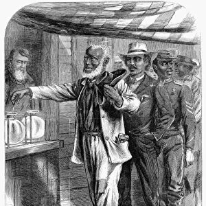 The First Vote. Freedmen voting in the American South. Wood engraving after a drawing by Alfred R. Waud from an American newspaper of 1867