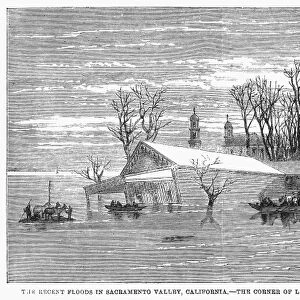 FLOODS: SACRAMENTO, 1862. The corner of L and Fourth Streets, Sacramento, California, following a flood. Wood engraving, 1862