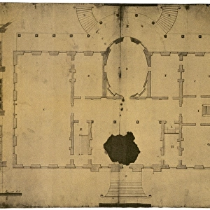 The floor plan for the Presidents House, Washington, D. C. Ink wash and pencil drawing on paper, 1792, by the Irish-born American architect, James Hoban, the design after Leister House in Dublin, Ireland