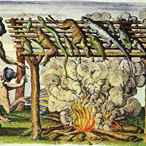 Florida Native Americans curing fish and game on a barbecue. Colored engraving, 1591, by Theodor de Bry after a now lost drawing by Jacques Le Moyne de Morgues