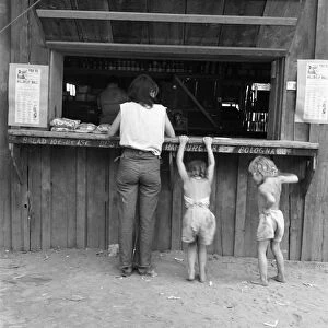FOOD STAND, 1939. A migrant hop picker and her two children at the window of a