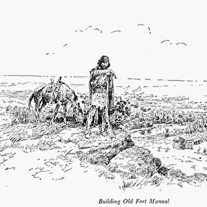 FORT MANUEL, 1807. Manuel Lisa, a fur trader in Montana territory, at the site of Fort Manuel, constructed in 1807. Line engraving, American, 19th century