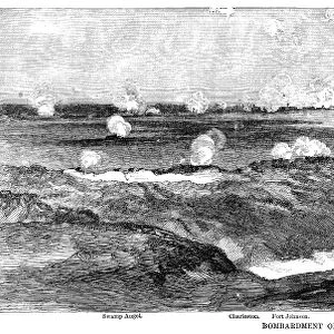 FORT SUMTER, 1863. Bombardment of Fort Sumter - the fleet engaging batteries Wagner and Gregg
