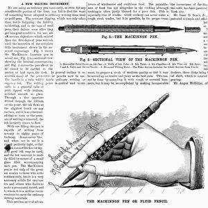 FOUNTAIN PEN, 1880. The MacKinnon Pen or Fluid Pencil. Wood engravings from an American magazine, 1880