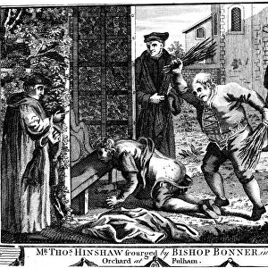 FOXE: BOOK OF MARTYRS. Thomas Hinshaw scourged by Bishop Edmund Bonner in his orchard at Fulham, England. Line engraving from a late 18th century English edition of John Foxes The Book of Martyrs, first published in 1563