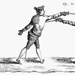 FRANCE: FENCING, c1750. A thrust in epee or foil fencing. Wood engraving, French, mid-18th century